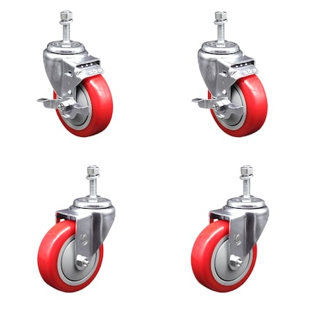 Service Caster 4 Inch Red Polyurethane Wheel Swivel 3/8 Inch Threaded Stem Caster Brake, 2PK SCC-TS20S414-PPUB-RED-TLB-381615-2S2